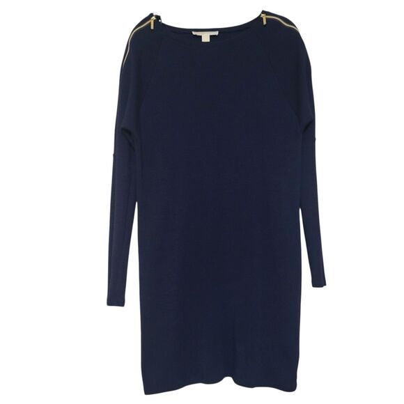 Michael Kors Womens L Dolman Sleeve Gold Zipper Shoulder Sweater Dress Navy Wool - Picture 3 of 8